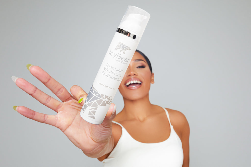 icy bear model holding teeth whitening toothpaste