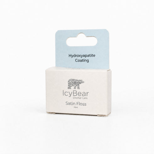Icy Bear Satin Floss Mint packaging with hydroxyapatite coating hang tag