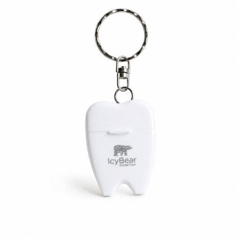 Icy Bear Satin Keyring Floss, tooth shaped case on a keyring