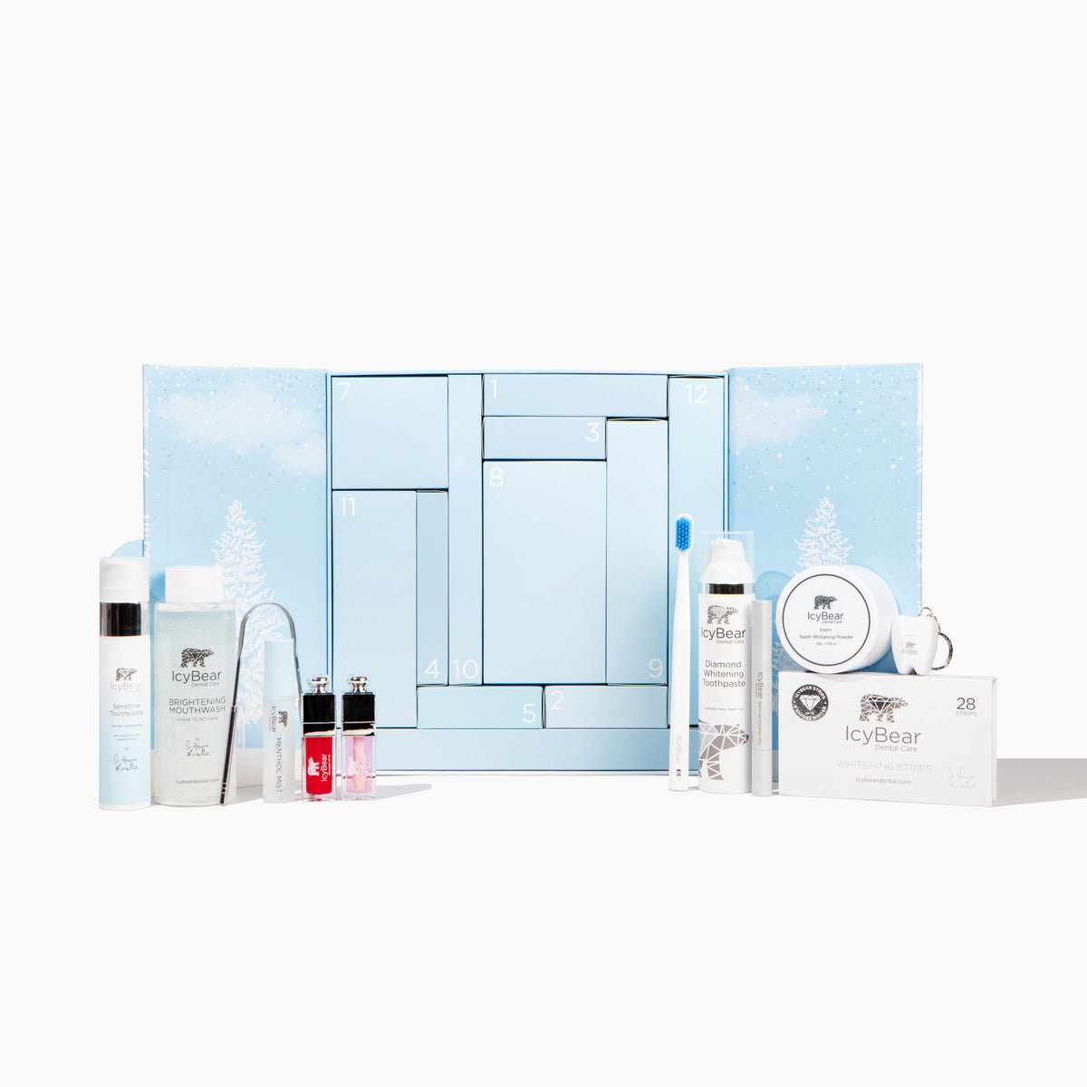 Icy Bear 12 Days of Teeth Whitening Advent Calendar flat lay with contents