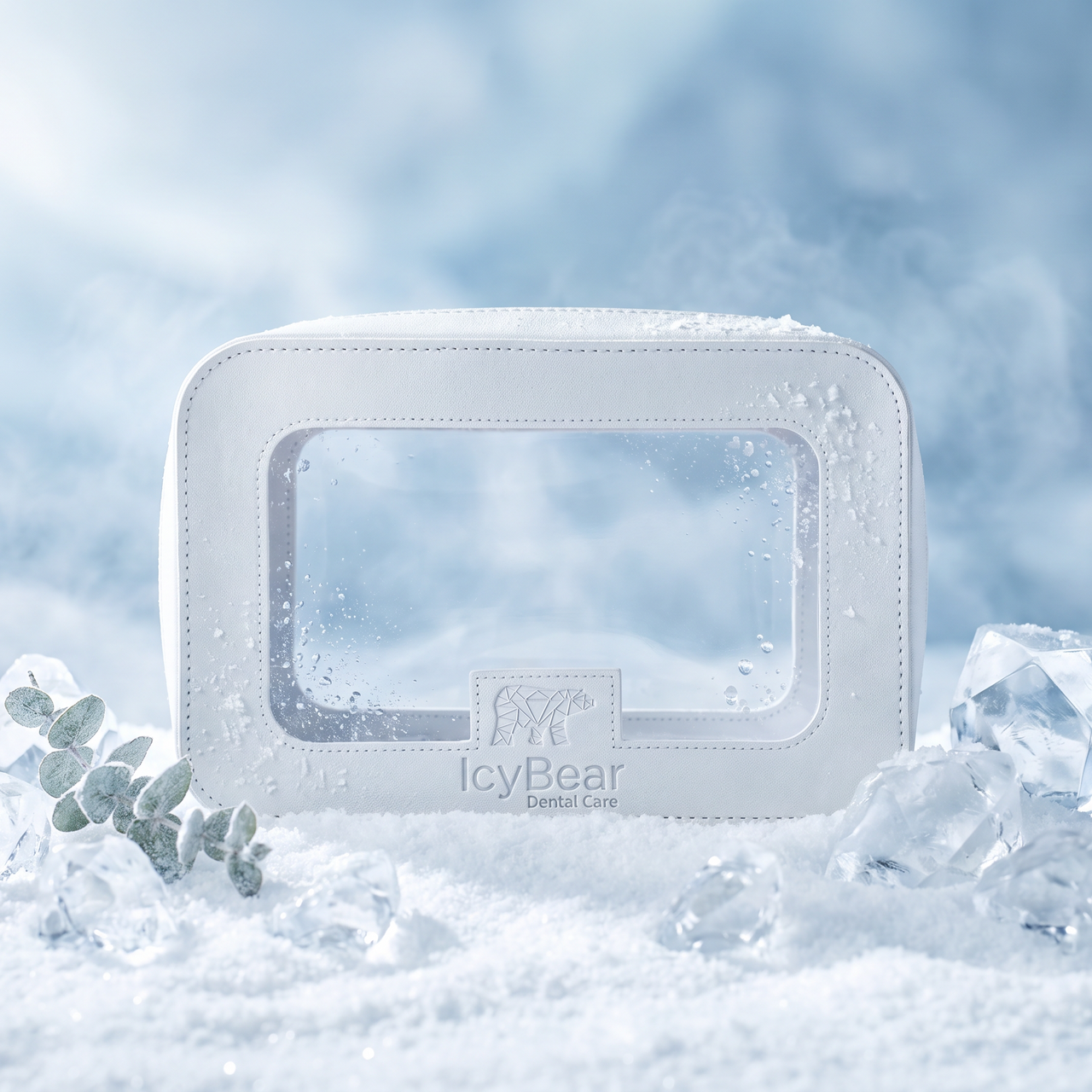White cosmetic bag with 'Icy Bear' branding on a snowy background