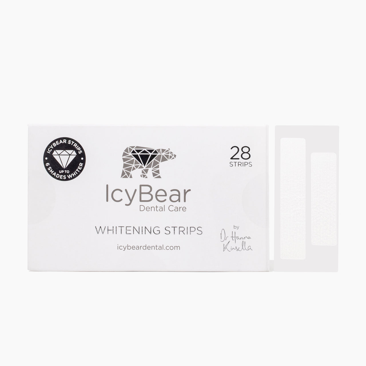 IcyBear Dental Care Whitening Strips box with a single strip visible beside it on a clean white background.