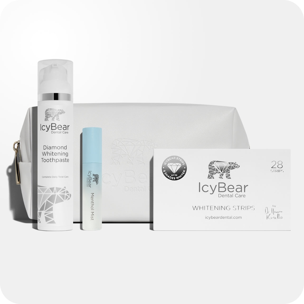 Travel Kit Teeth Care Bundle Whitening Toothpaste, Breath Spray, Whitening Strips, Cosmetic Bag