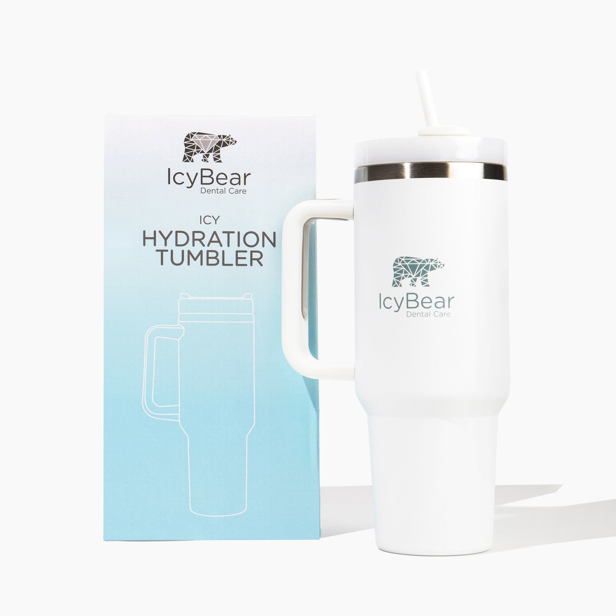 Icy Bear Hydration Tumbler standing next to its packaging box