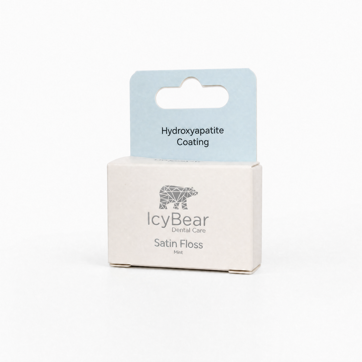 Icy Bear Satin Floss Mint packaging with hydroxyapatite coating hang tag