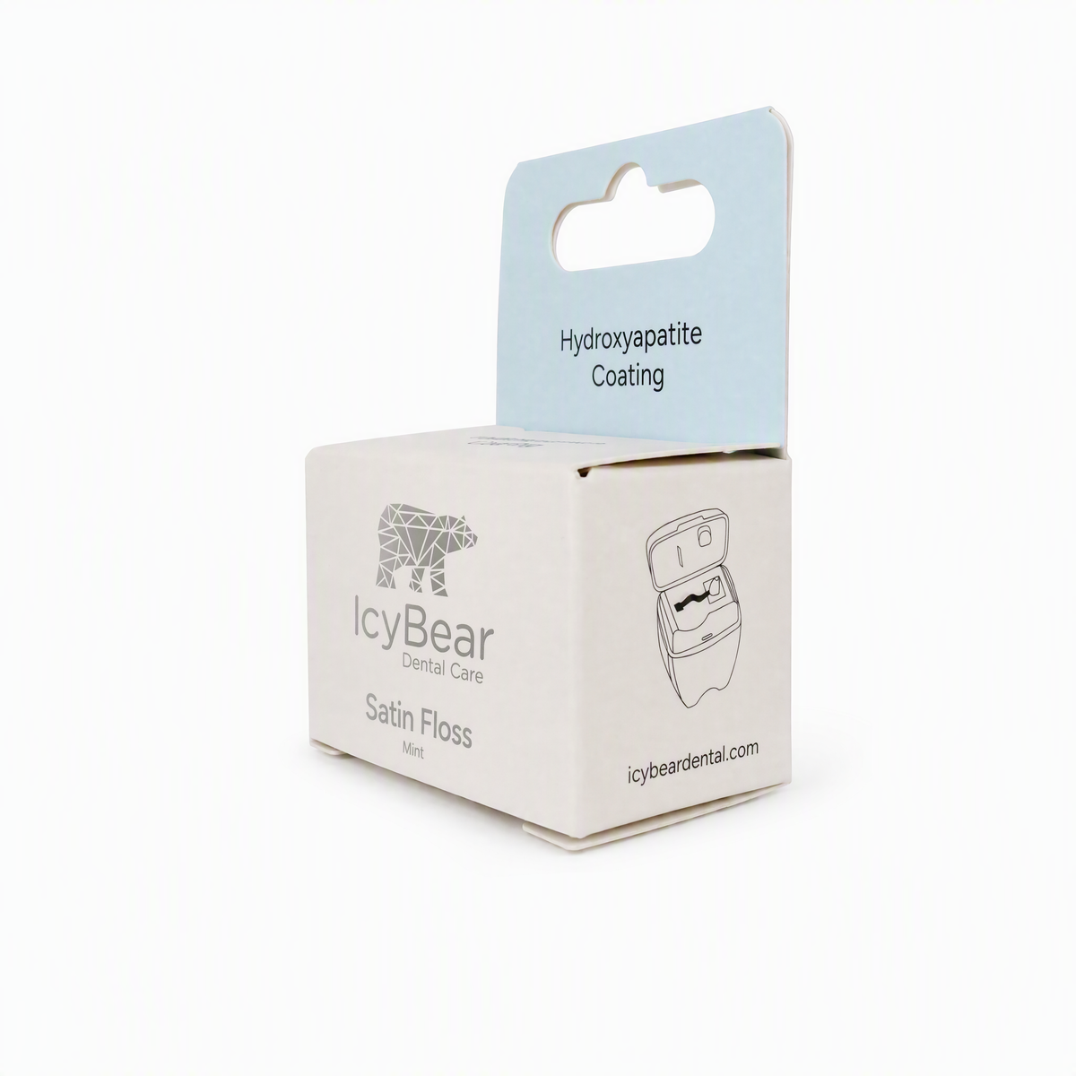 Icy Bear Satin Floss packaging angled view showing the tooth shaped case
