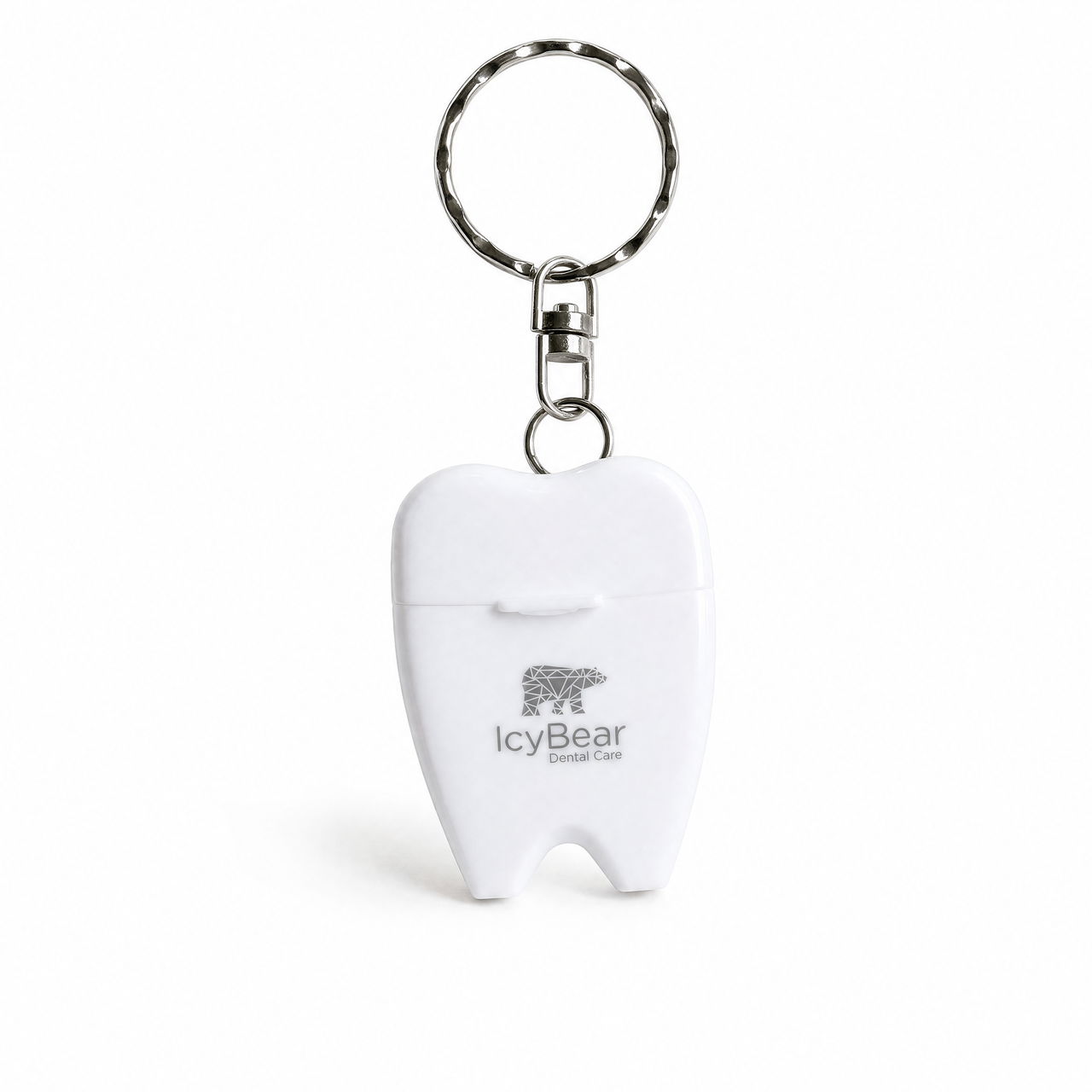 Icy Bear Satin Keyring Floss, tooth shaped case on a keyring