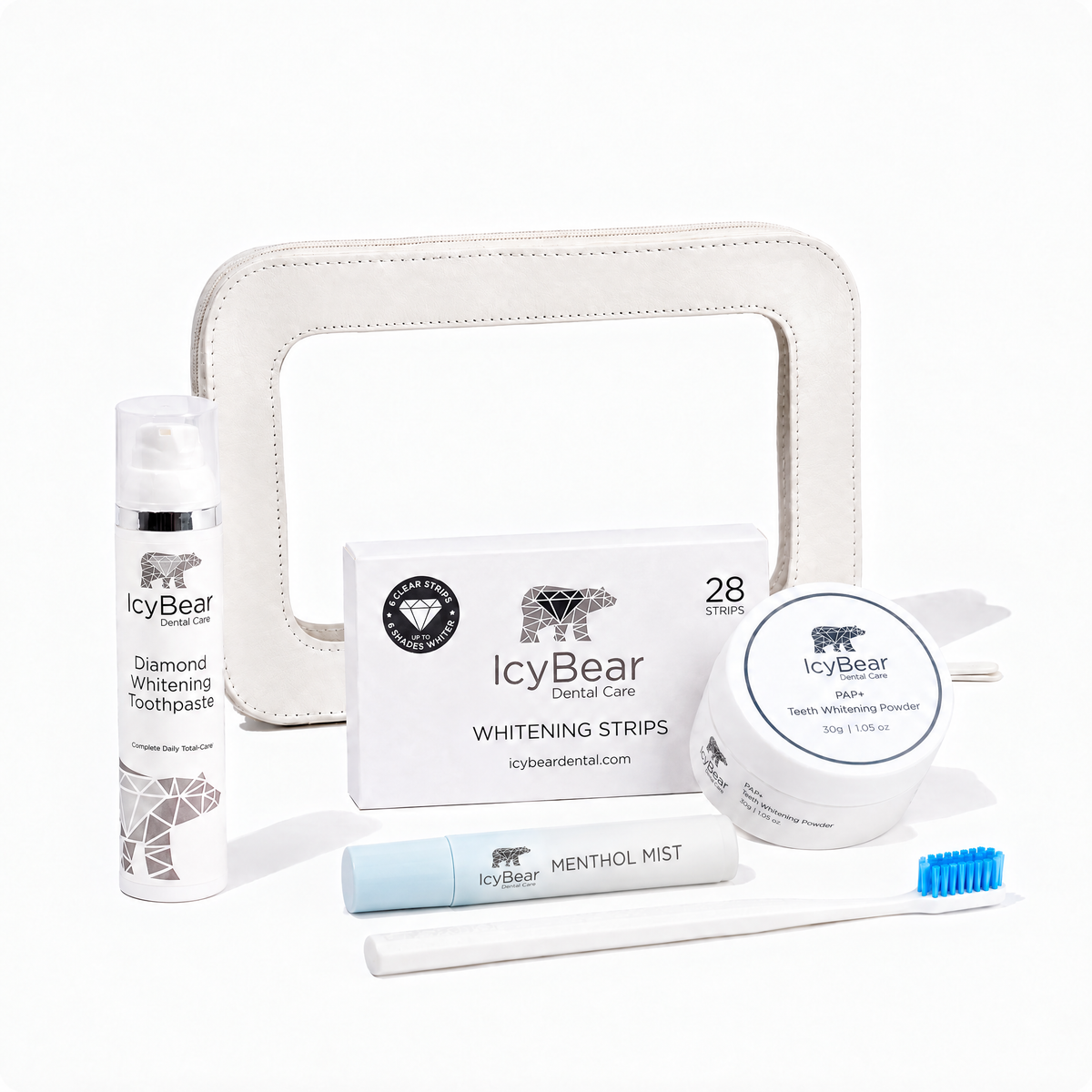 Back to Uni Whitening Kit - Icy Bear Dental six product bundle with cosmetic bag